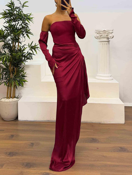 Aurohaya Elegant Strapless Satin Evening Maxi Dress Red