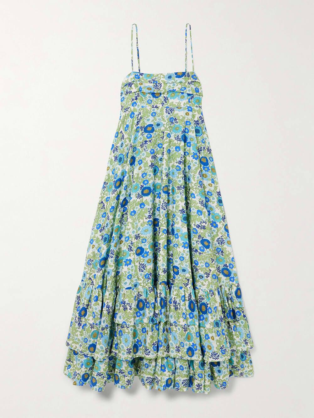 Aurohaya Delicate Layered Ruffled Floral Print Halter Midi Dress