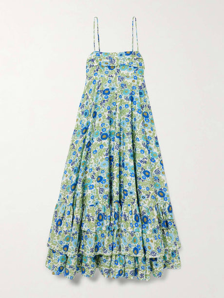 Aurohaya Delicate Layered Ruffled Floral Print Halter Midi Dress