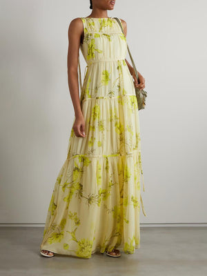 Aurohaya Vintage Bloom Tie-Front Layered Floral Print Chiffon Casual Maxi Dress Yellow