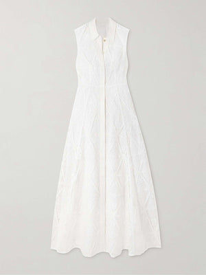 Aurohaya Exquisite Guipure Raised Floral Lace Maxi Shirt Dress