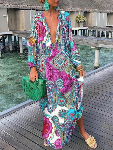 Aurohaya Bohemian V-Neck Printed Maxi Dress Multicolor