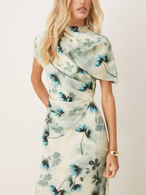 Aurohaya Exquisite Floral Print High Neck Cape Drape Bodycon Maxi Dress