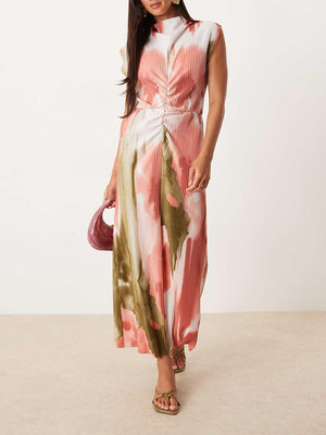 Aurohaya Elegant Floral Print Ruched High-Twist Neck Midi Dress Multicolor