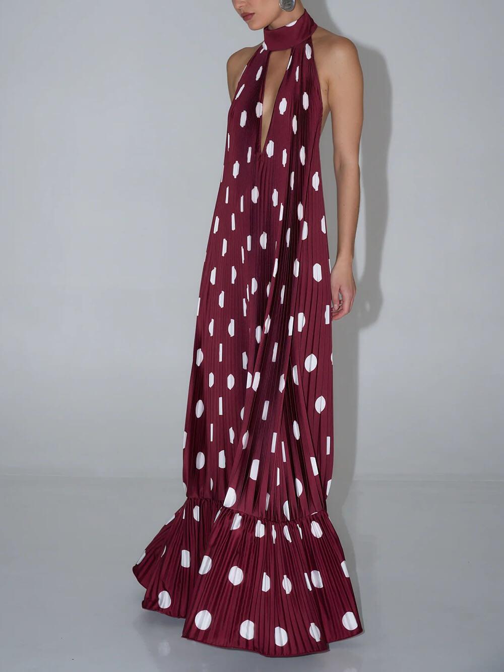 Aurohaya Elegant Polka Dot Backless Halter Evening Gown Maxi Dress