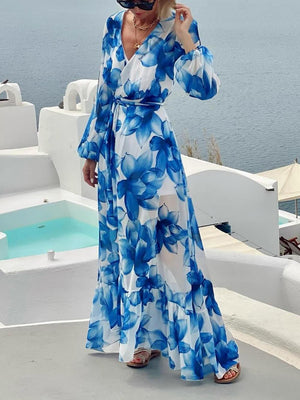 Aurohaya Elegant Floral Print Tie-Front Lantern Sleeve Vacation Maxi Dress