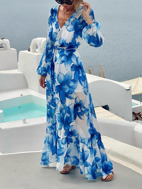 Aurohaya Elegant Floral Print Tie-Front Lantern Sleeve Vacation Maxi Dress