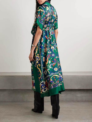 Aurohaya Unique Draped Print Satin Midi Dress