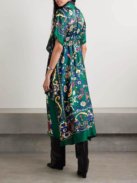 Aurohaya Unique Draped Print Satin Midi Dress