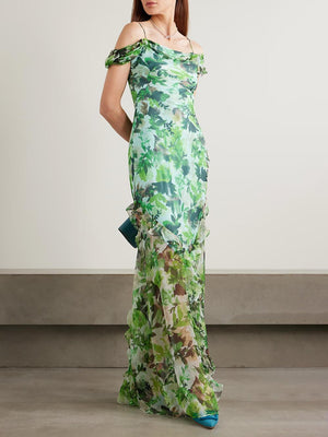 Aurohaya Exquisite Off-Shoulder Ruffle Floral Print Chiffon Maxi Dress Green