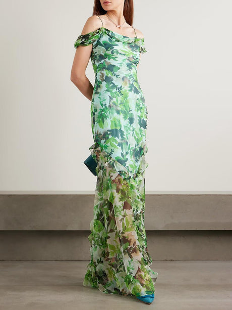 Aurohaya Exquisite Off-Shoulder Ruffle Floral Print Chiffon Maxi Dress Green