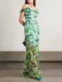 Aurohaya Exquisite Off-Shoulder Ruffle Floral Print Chiffon Maxi Dress Green