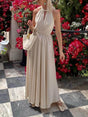 Aurohaya Elegant Off-The-Shoulder Tie Waist Satin Maxi Dress Apricot