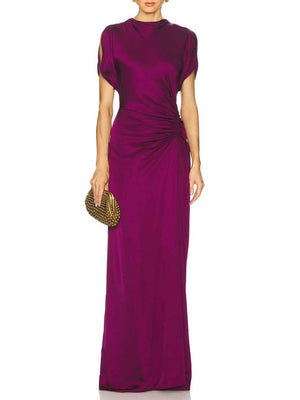 Aurohaya Exquisite High-Neck Side Pleated Party Maxi Dress