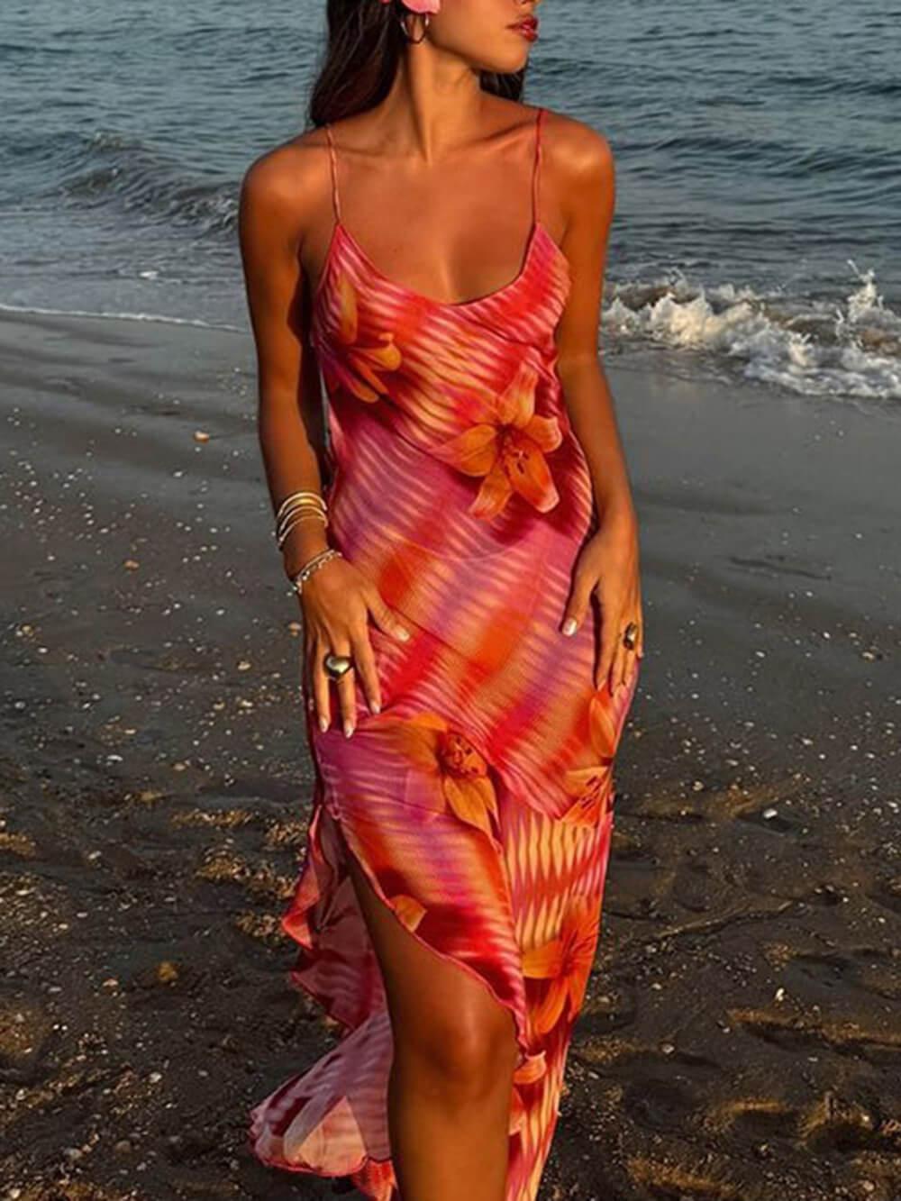 Aurohaya Elegant Printed Strappy Bodycon Silhouette Backless Slit Dress