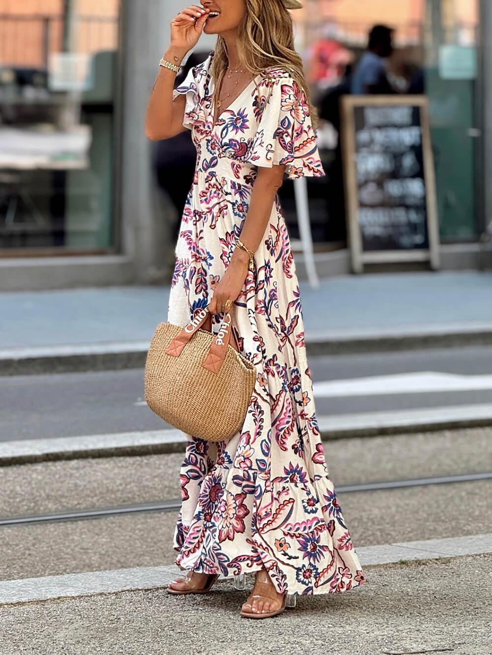 Aurohaya Elegant Floral Print A-Line Maxi Dress