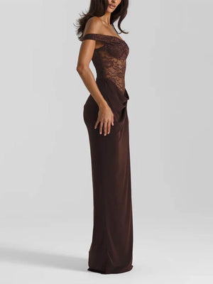 Aurohaya Sexy and Delicate Off-the-Shoulder Lace Panel Maxi Dress