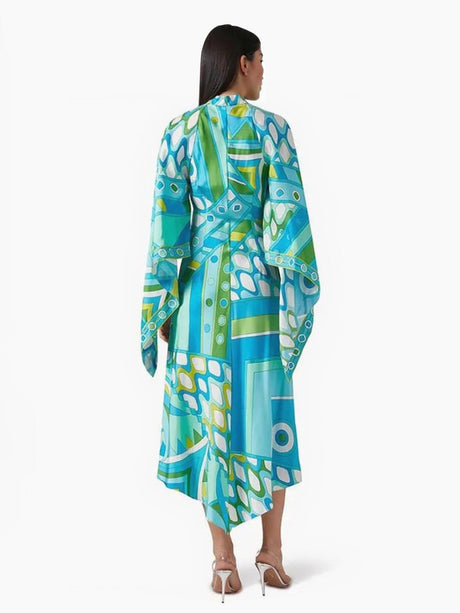 Aurohaya Elegant Button-Up Stand Collar Printed Loose Flared Asymmetrical Midi Dress