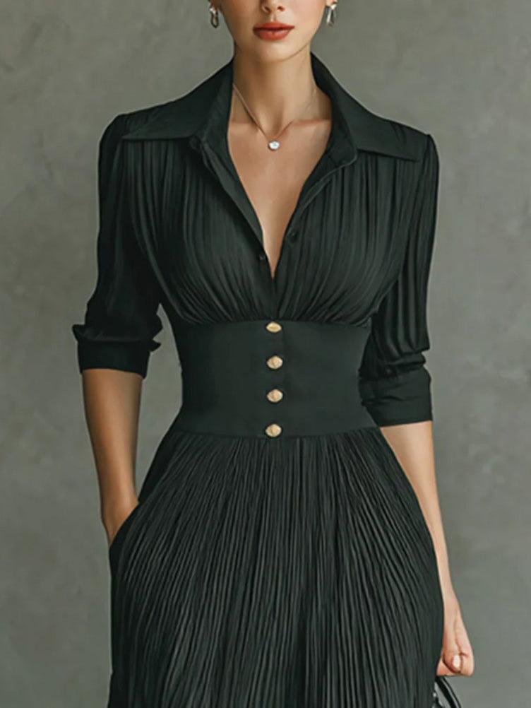 Aurohaya Elegant Pleated Lapel Long-sleeved Maxi Dress