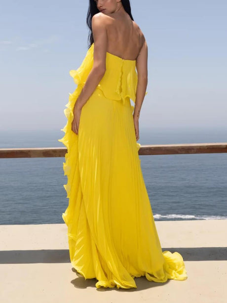 Aurohaya Elegant Chiffon Pleated Wavy Ruffles Trim Strapless Loose Maxi Dress