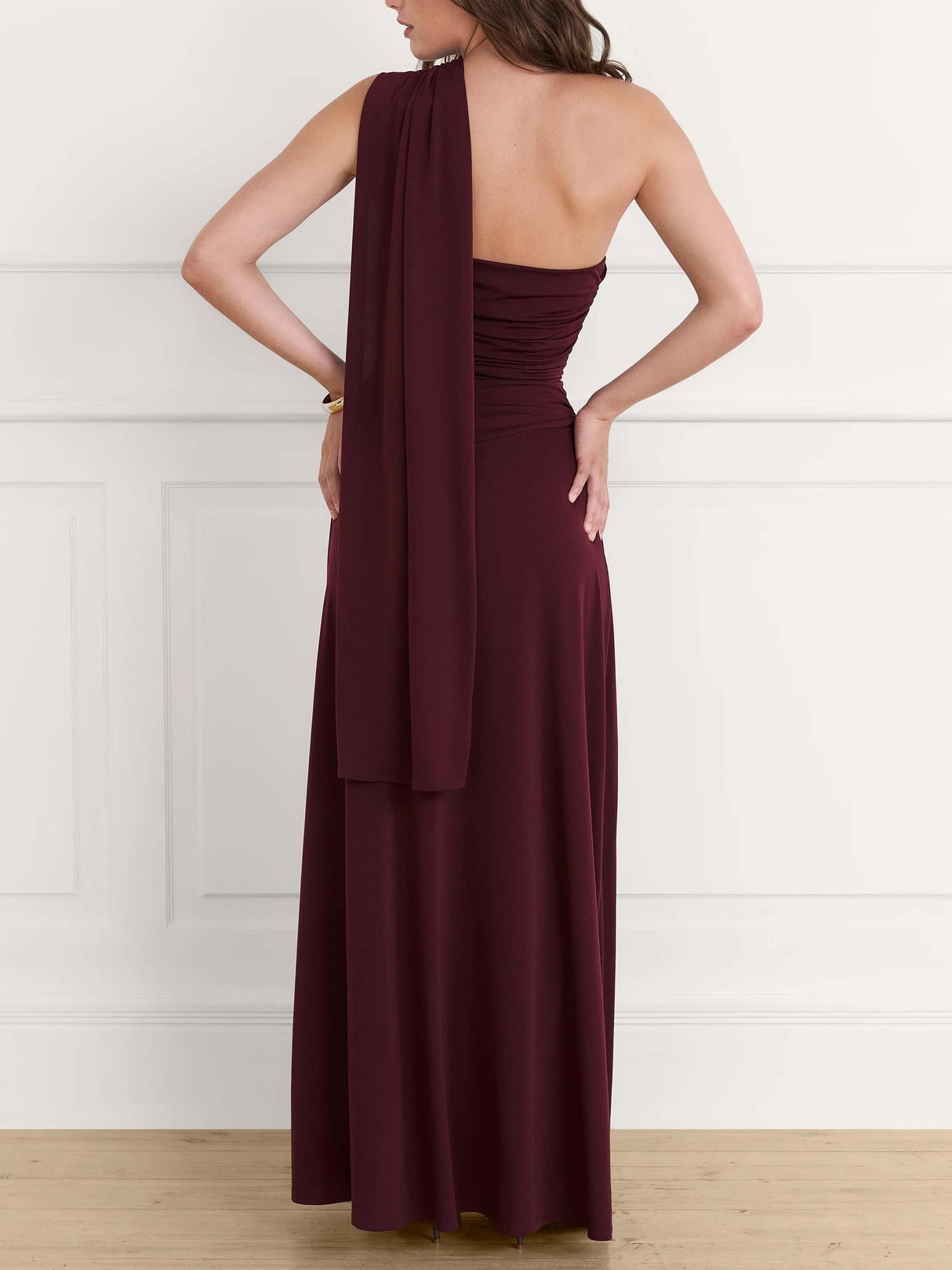 Aurohaya Elegant One-shoulder Draped Pleated Fitted Maxi Dress