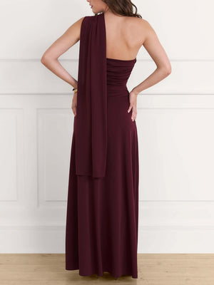 Aurohaya Elegant One-shoulder Draped Pleated Fitted Maxi Dress