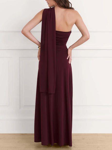 Aurohaya Elegant One-shoulder Draped Pleated Fitted Maxi Dress