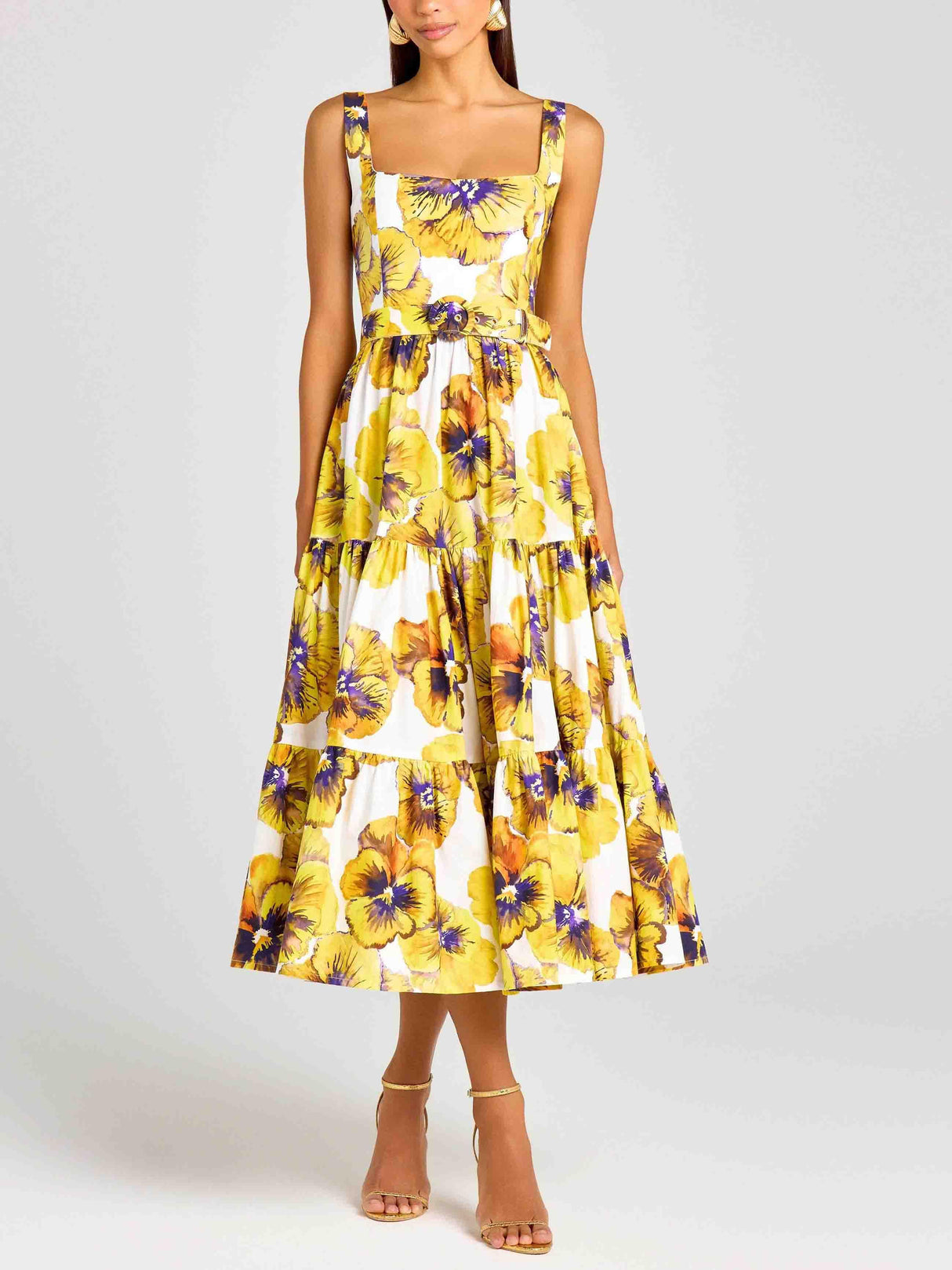 Aurohaya Elegant Pansy Print Midi Dress Yellow