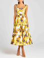 Aurohaya Elegant Pansy Print Midi Dress Yellow