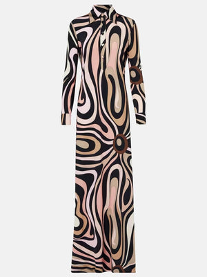 Aurohaya Exquisite Swirl Unique Print Satin Maxi Dress