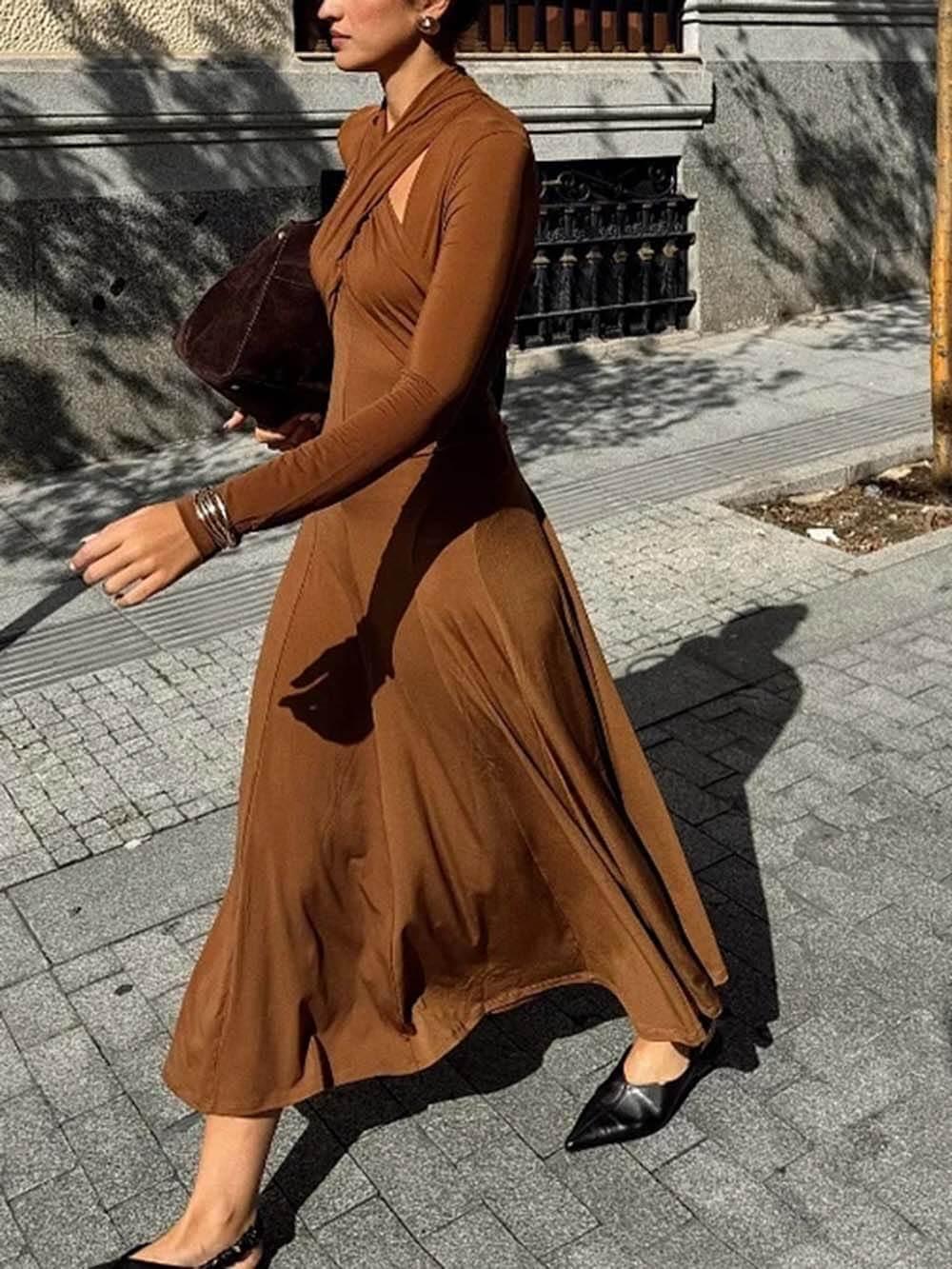 Aurohaya Fashionable Cut-Out Fitted Solid Long-Sleeve Maxi Dress