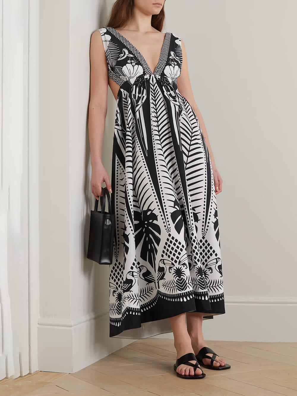Aurohaya Elegant Open-Back Floral Print Satin Maxi Dress Black