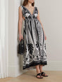 Aurohaya Elegant Open-Back Floral Print Satin Maxi Dress Black