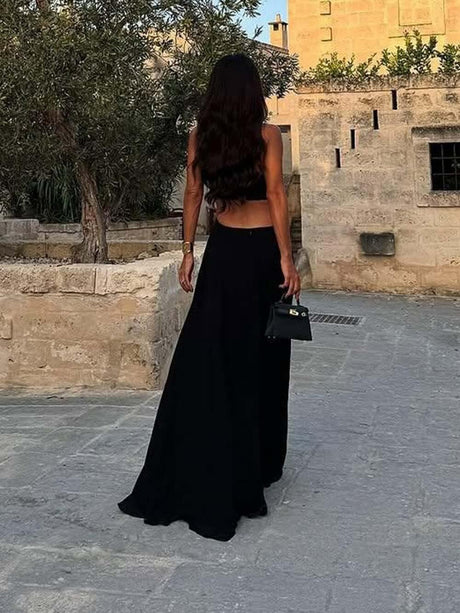 Aurohaya Delicate Cutout Ruffle Backless Spaghetti Strap Party Maxi Dress