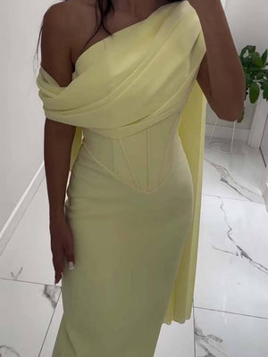 Aurohaya Elegant One-shoulder Draped Detail Gown Maxi Dress