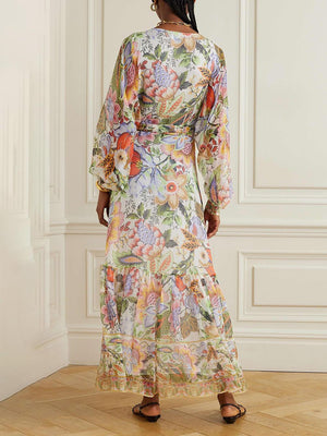 Aurohaya Exquisite Belted Floral-Print Chiffon Crepon Maxi Dress
