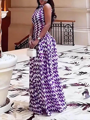 Aurohaya Unique Purple Zigzag Print Stretch Maxi Dress