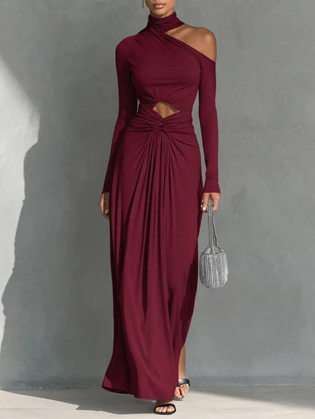 Aurohaya Exquisite One-Shoulder Cutout Pleated Maxi Dress Burgundy