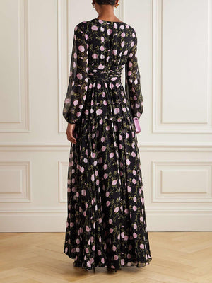 Aurohaya Romantic Exquisite Pleated Floral Print Chiffon Maxi Dress