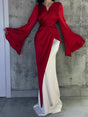 Aurohaya Elegant Satin Red & White Color-Block Bell Sleeve Gown Maxi Dress Red