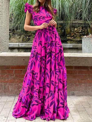 Aurohaya Fashion Printed Flying Sleeve High Waist Maxi Dress Purple