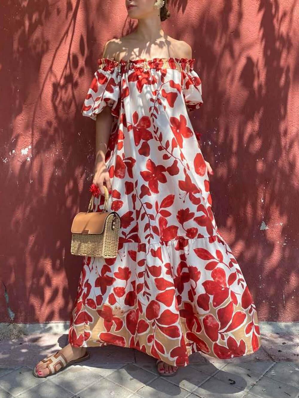 Aurohaya Casual Floral Print Off-Shoulder Puff Sleeve Maxi Dress Red