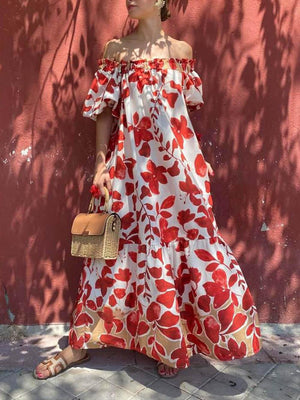 Aurohaya Casual Floral Print Off-Shoulder Puff Sleeve Maxi Dress Red
