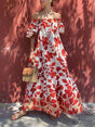 Aurohaya Casual Floral Print Off-Shoulder Puff Sleeve Maxi Dress Red