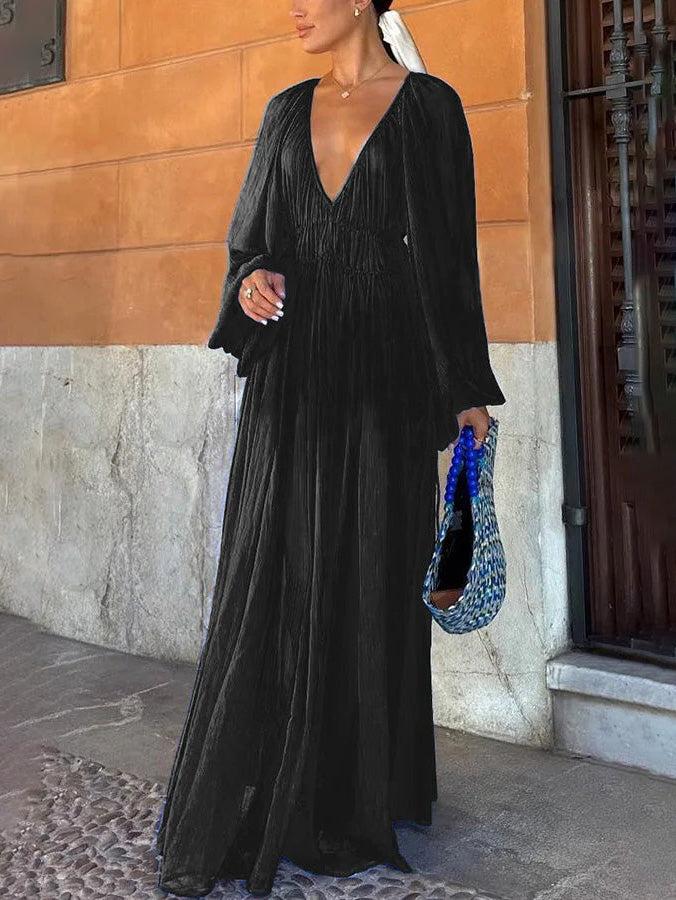 Aurohaya Elegant V-neck Chiffon Waist Pleated Maxi Dress Black