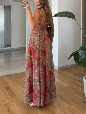 Aurohaya Retro Plant Print V-neck Suspender Maxi Dress