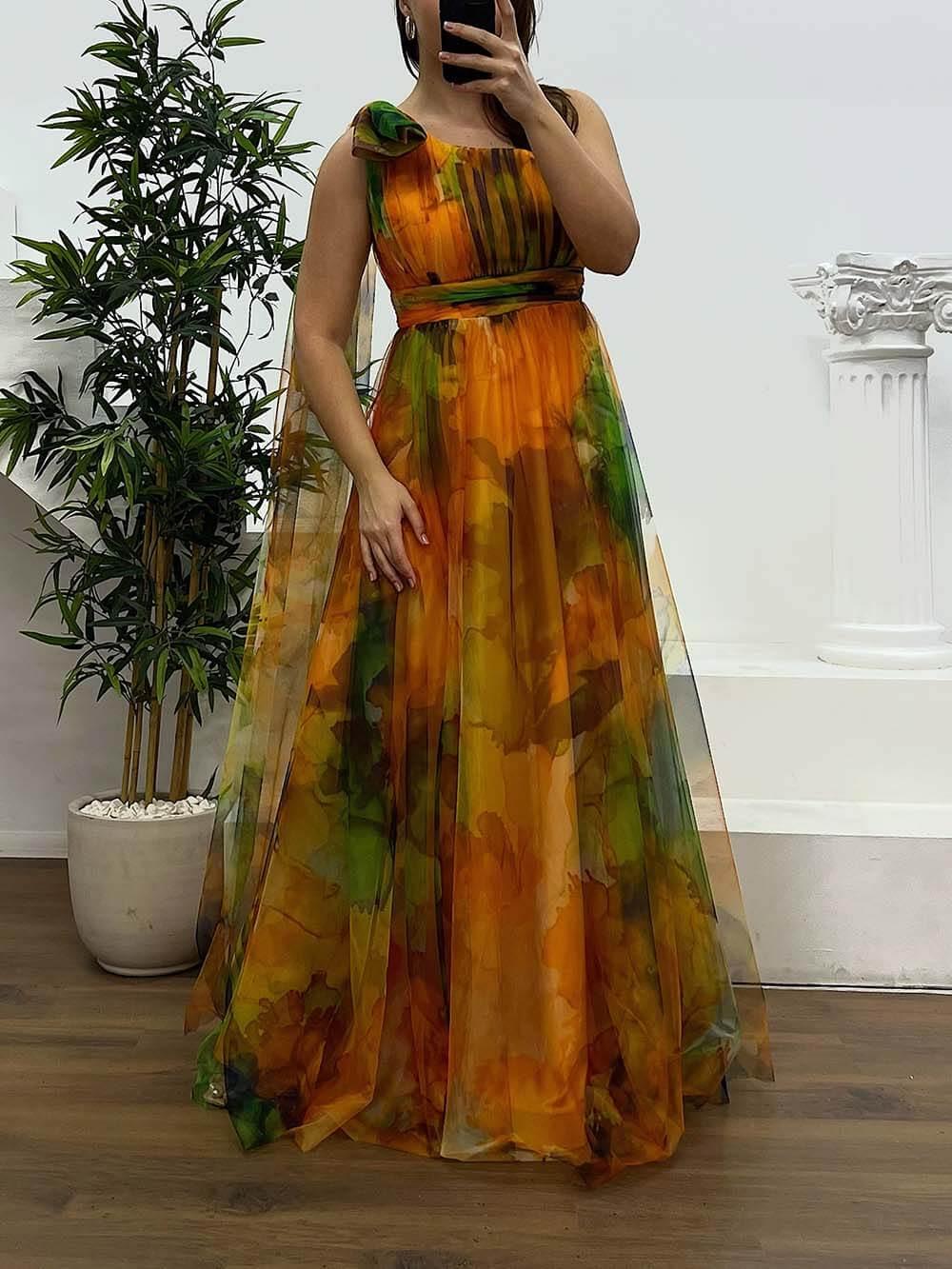 Aurohaya Elegant Printed One-Shoulder Chiffon Plus Size Tulle Evening Dress Yellow