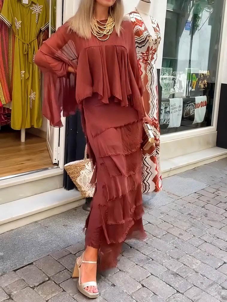 Aurohaya Elegant Layered Asymmetrical Ruffled Cape Maxi Dress Brick Red