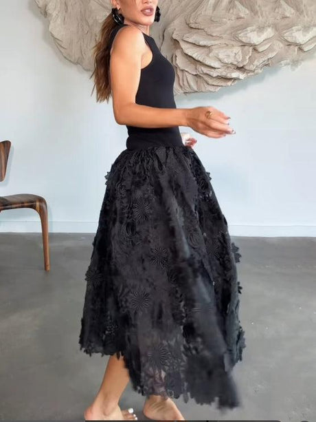 Aurohaya Exquisite Lace Embroidered Sleeveless Midi Dress