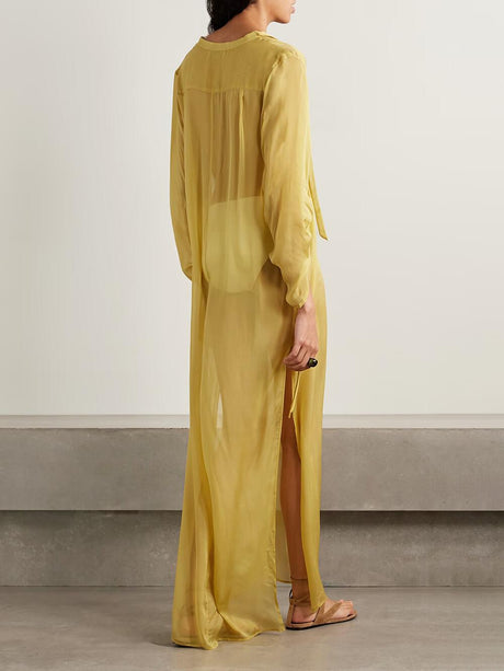 Aurohaya Casual Satin V-Neck Pleated Cuff Maxi Dress